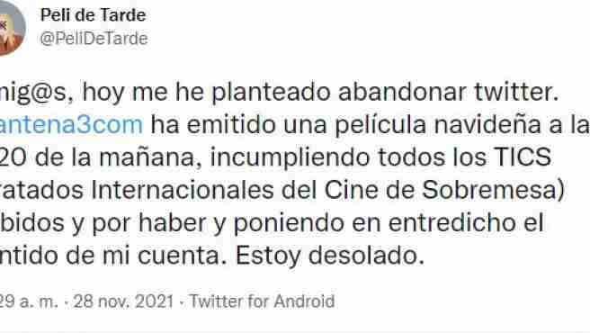 Antena 3 responde irónicamente a Peli de Tarde: 'Prometemos que el cine de sobremesa no se verá afectado'