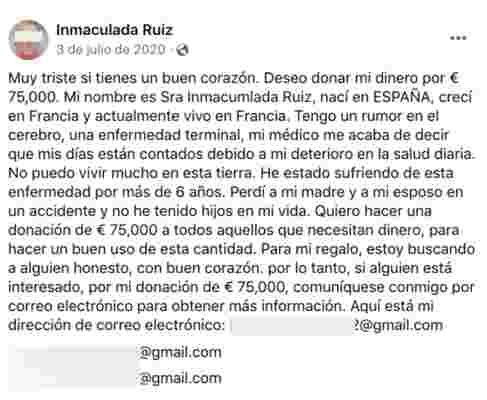 Cuidado con el timo de la persona que busca un heredero a quien dejar su fortuna y que circula por redes sociales